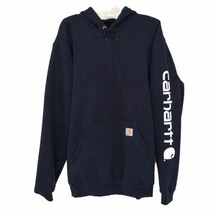 Carhartt Men's Navy Blue Hoodie with White Sleeve Logo